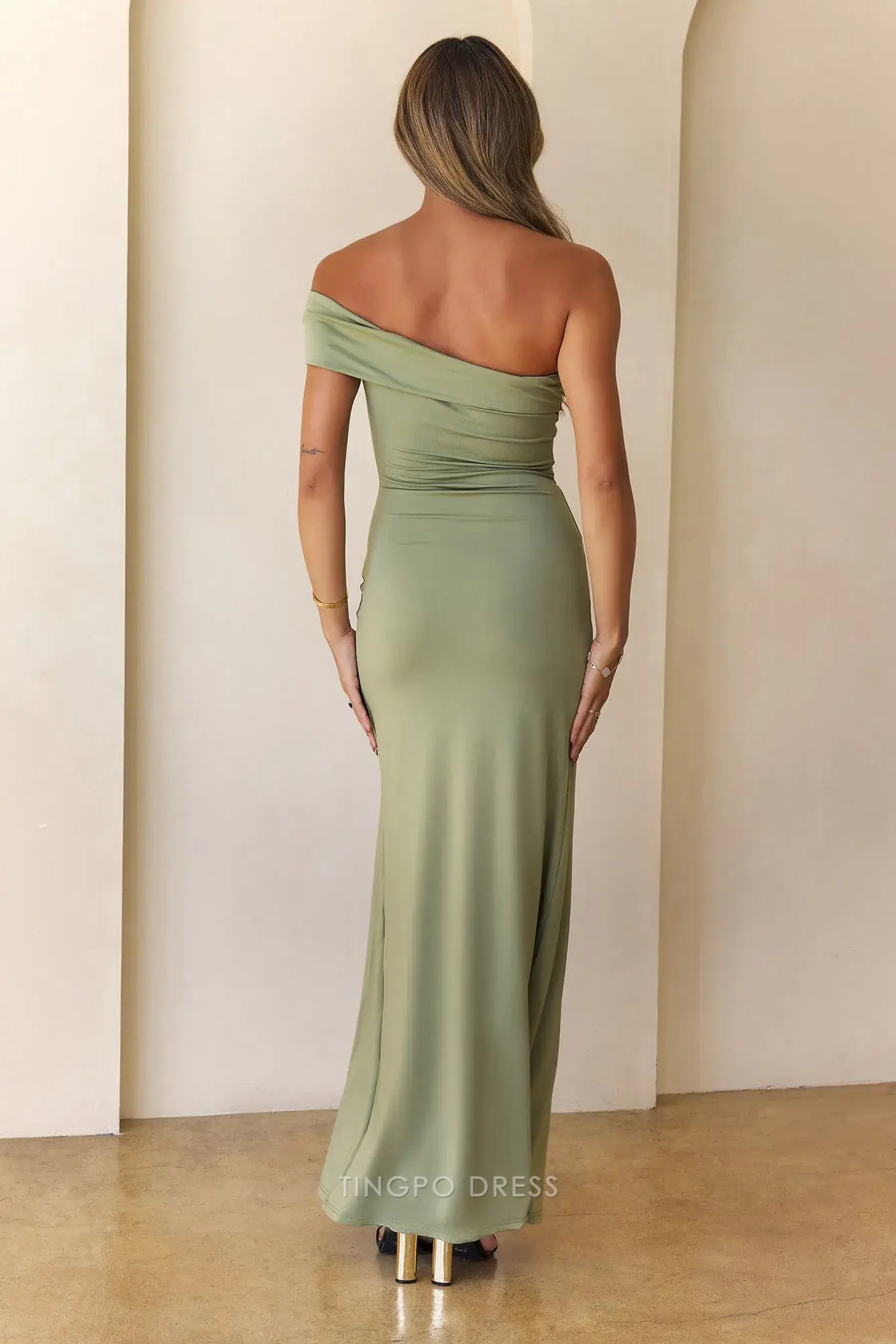 Elegant Off - Shoulder Ruched High - Slit Maxi Dress Prom Dress